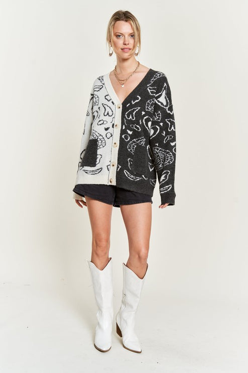 Oversized Heart Paisley Button-Down Sweater Cardigan with Color Block