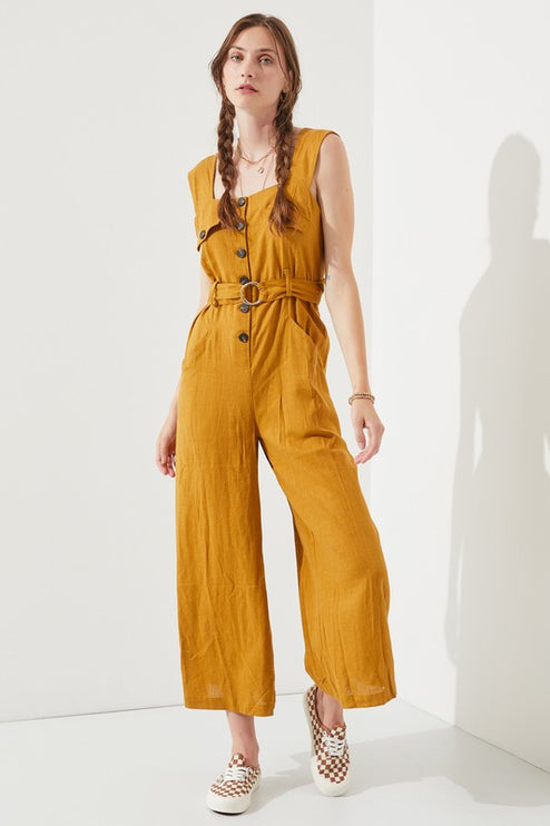 Linen Blend Jumpsuit with Belt and Multiple Pockets