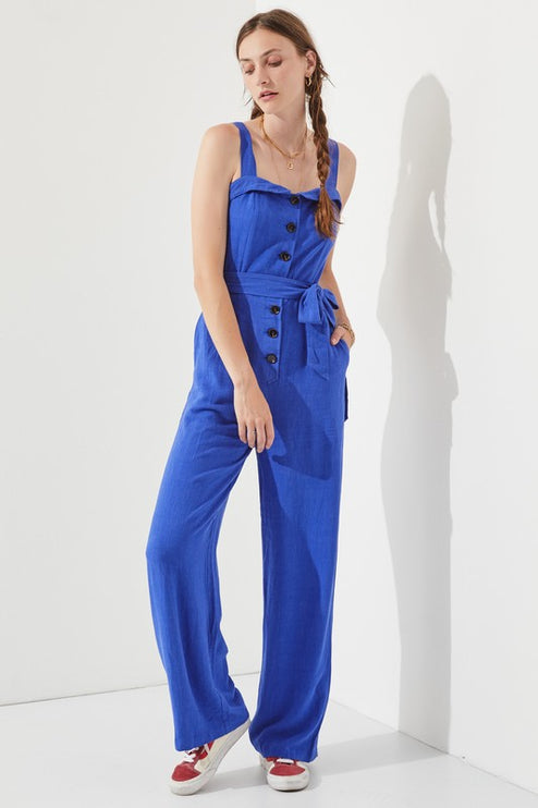 Linen Blend Belted Jumpsuit with Square Neck