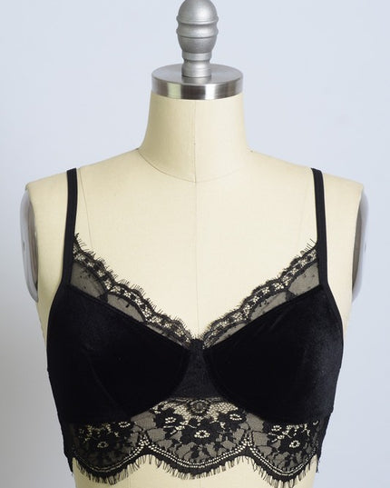 Velvet Lace Trim Half Cami with Scoop Neckline and Cropped Fit