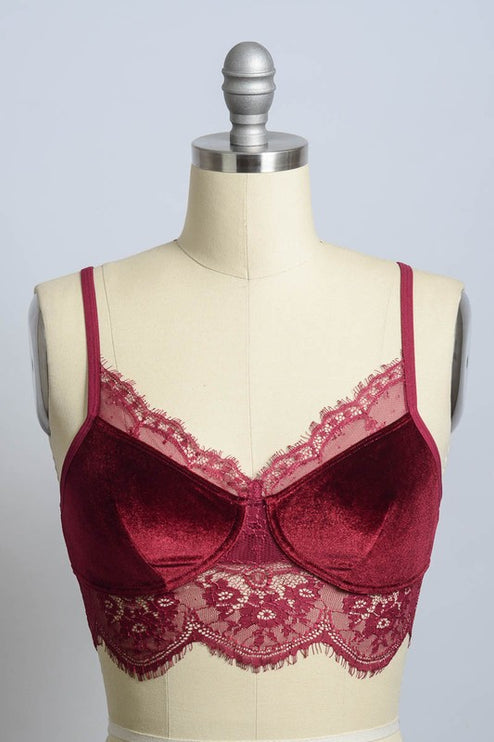 Velvet Lace Trim Half Cami with Scoop Neckline and Cropped Fit