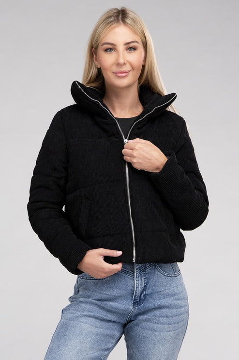 Soft Corduroy Zip-Up Jacket with High Collar and Pockets