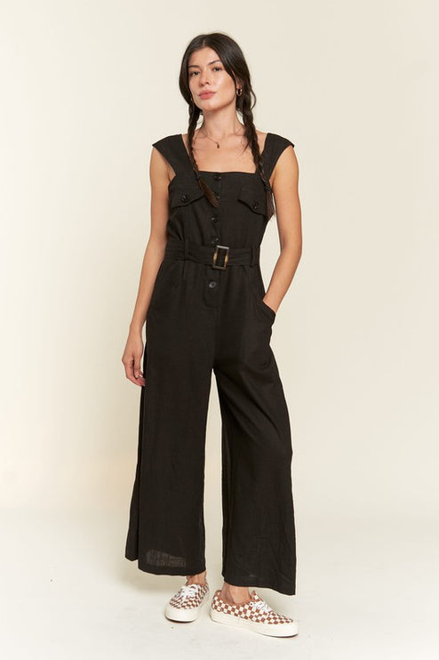 Linen Blend Jumpsuit with Belt and Multiple Pockets