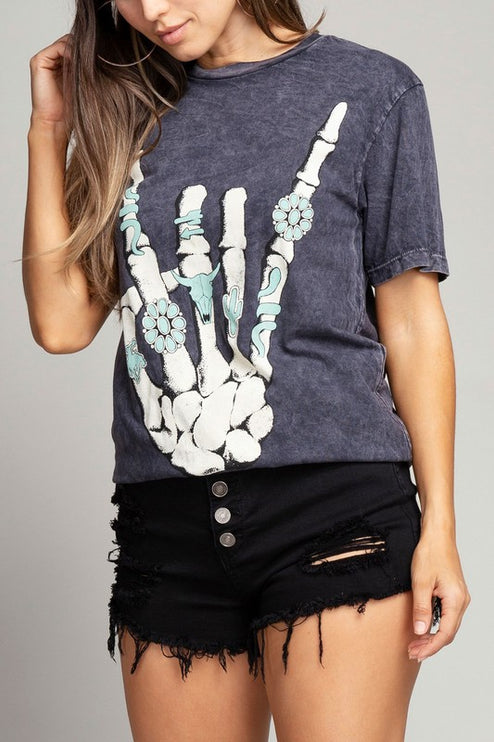 Skeleton Rock Hand Sign Graphic Tee T-Shirt