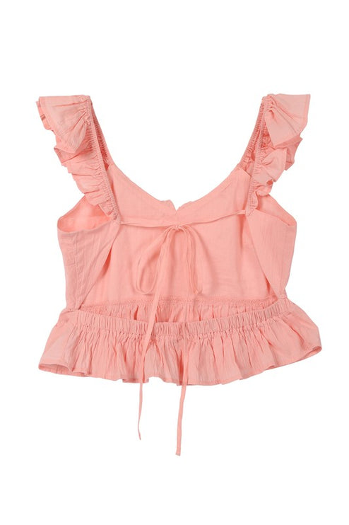 Cute Stylish Open Back Tie Ruffled Trim Flare Fashion Top Pink