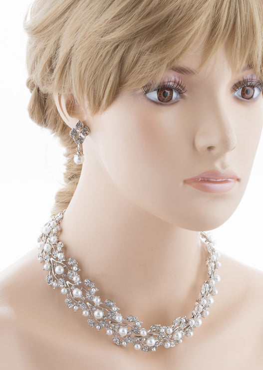 Bridal Wedding Jewelry Set Rhinestone Pearl Leaf White