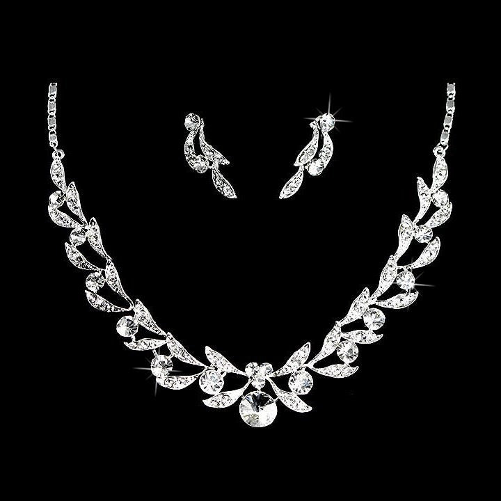 Bridal Wedding Jewelry Set Crystal Rhinestone Extravagant Chic Necklace Silver - Accessoriesforever