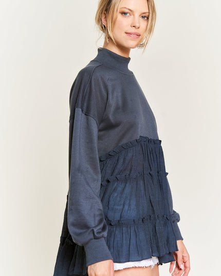 Oversized Mock Neck Tunic with Shirred Woven Tier