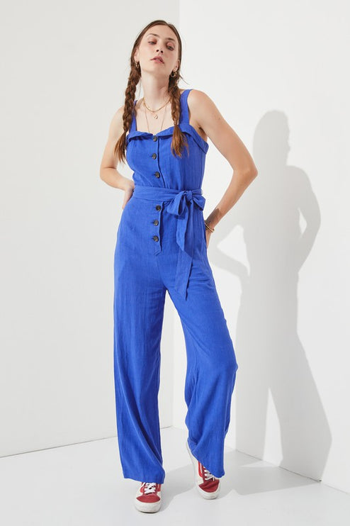 Linen Blend Belted Jumpsuit with Square Neck