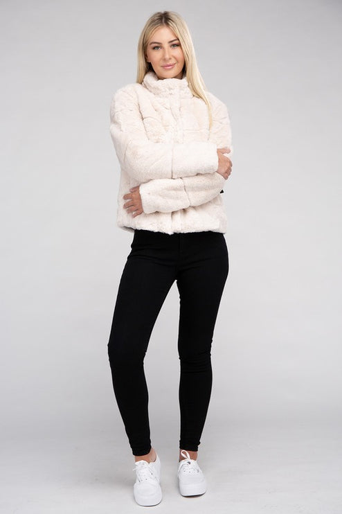 Fluffy Zip-Up Sweater Jacket with Collar and Pockets