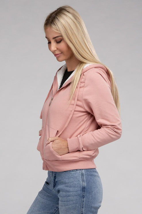 Cropped Fuzzy-Lined Zip-Up Hoodie with Long Sleeves