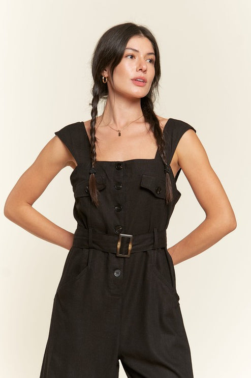 Linen Blend Jumpsuit with Belt and Multiple Pockets