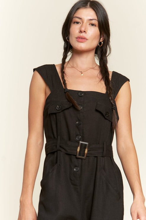 Linen Blend Jumpsuit with Belt and Multiple Pockets