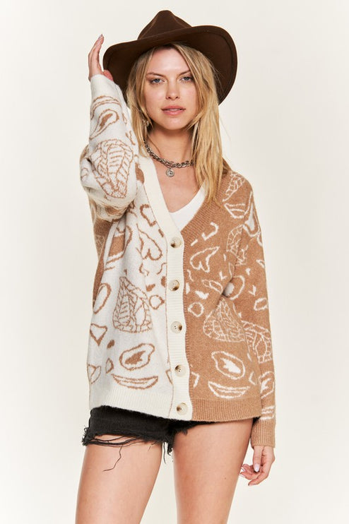 Oversized Heart Paisley Button-Down Sweater Cardigan with Color Block