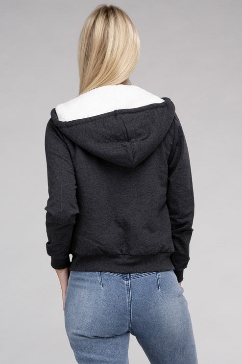 Cropped Fuzzy-Lined Zip-Up Hoodie with Long Sleeves