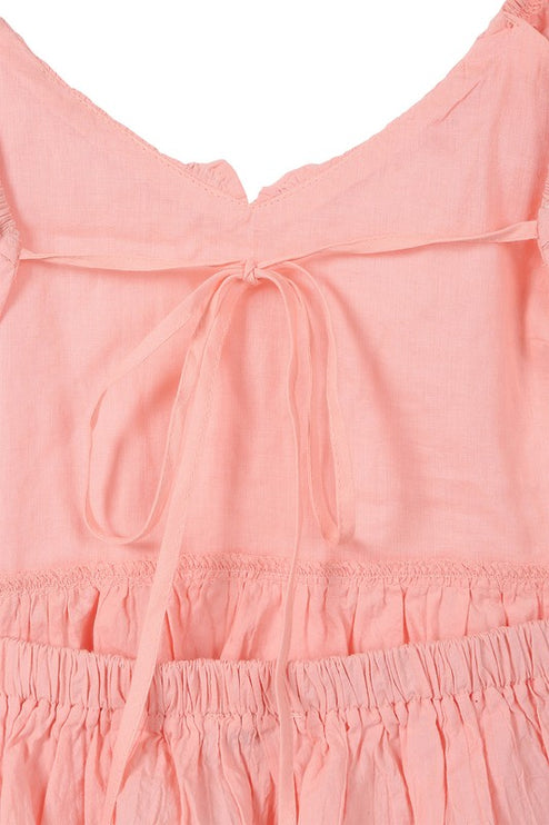 Cute Stylish Open Back Tie Ruffled Trim Flare Fashion Top Pink