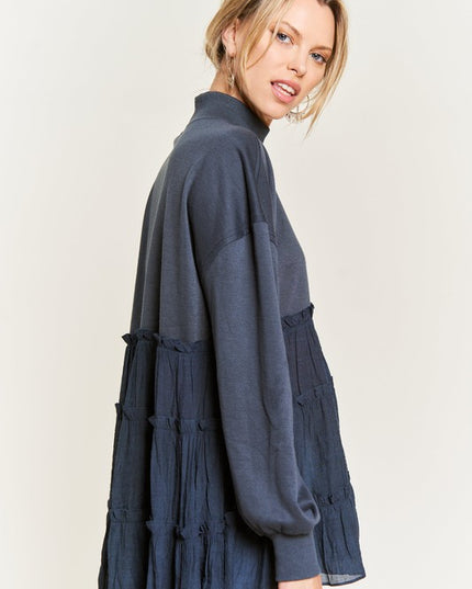 Oversized Mock Neck Tunic with Shirred Woven Tier