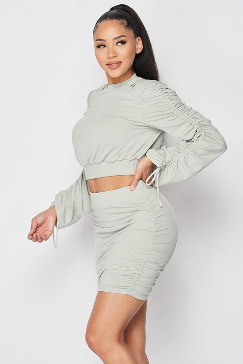 Chic Stylish Ruched Long Sleeve Crop Top And Skirt Set