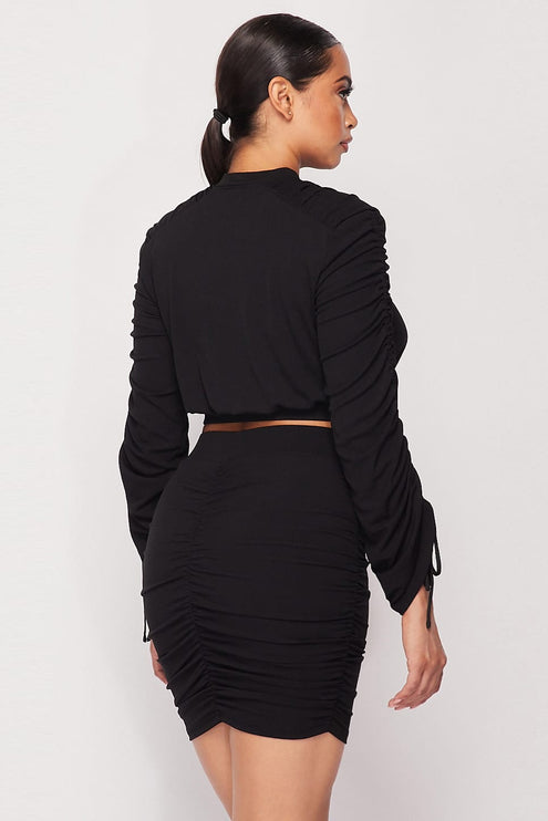 Chic Stylish Ruched Long Sleeve Crop Top And Skirt Set