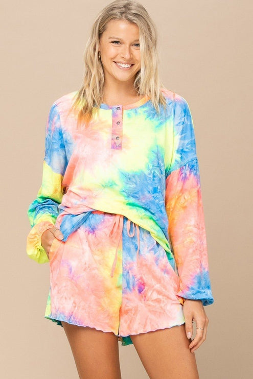 Vibrant Neon Tie-dye Printed Knit Top And Shorts Set