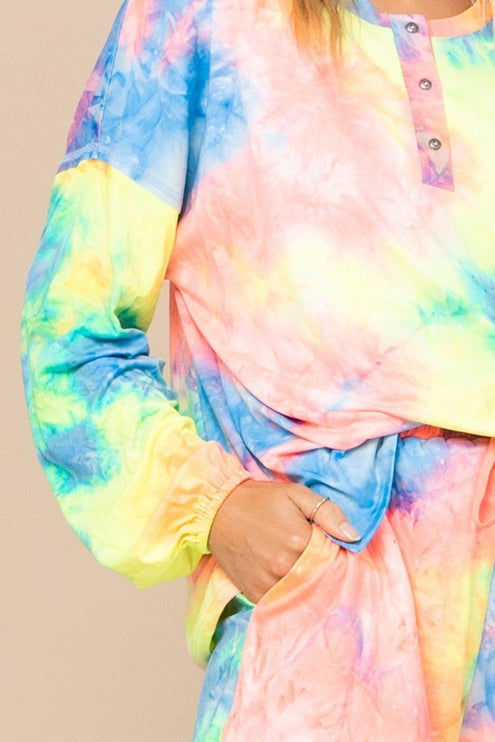 Vibrant Neon Tie-dye Printed Knit Top And Shorts Set