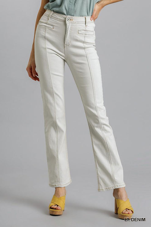 Stylish Panel Straight Cut Pants Denim Jeans With Pockets