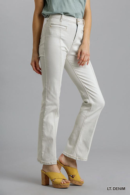 Stylish Panel Straight Cut Pants Denim Jeans With Pockets