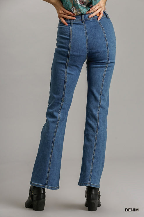 Stylish Panel Straight Cut Pants Denim Jeans With Pockets