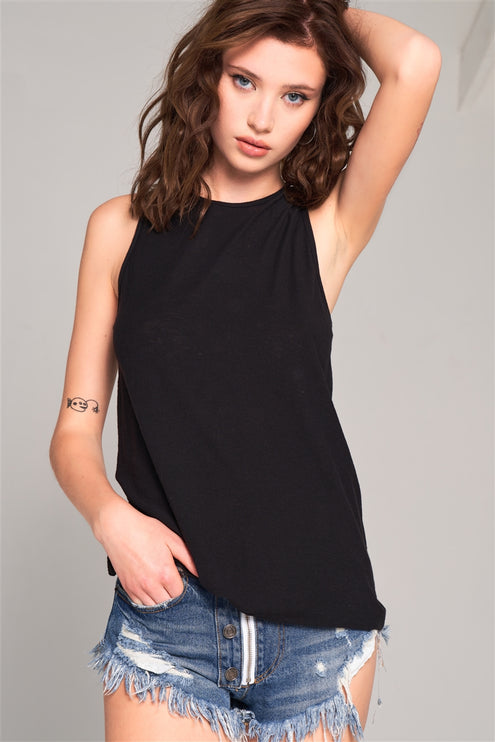 Modern Stylish Sleeveless Crew Neck Longline Top Cut-out Back Detail