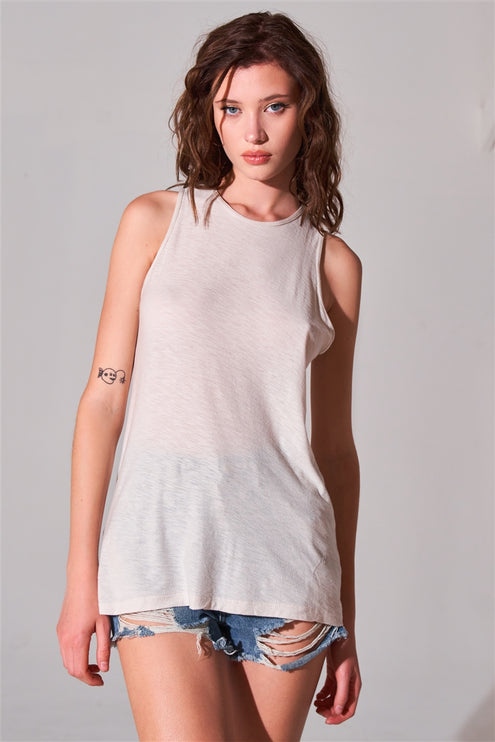 Modern Stylish Sleeveless Crew Neck Longline Top Cut-out Back Detail