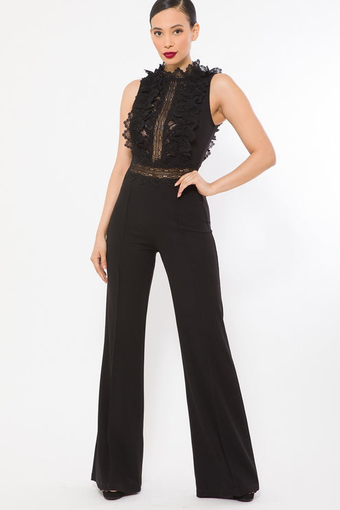 Elegant Flared Crochet Lace Mock Neck Combined Bodice Jumpsuit