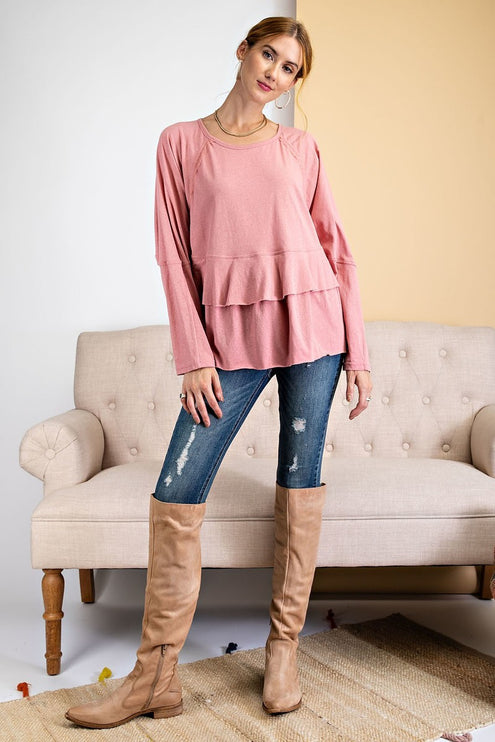 Relaxed Dolman Sleeve Lace Detailed Tiered Ruffle Tunic Top