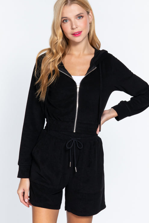 Cropped Hoodie Terry Towelling Jacket with Drawstring and Zip Closure