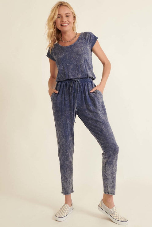 Relaxed Mineral Washed Knit Jumpsuit with Drawstring Waist