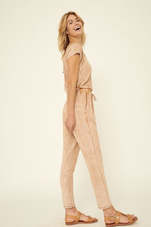 Relaxed Mineral Washed Knit Jumpsuit with Drawstring Waist