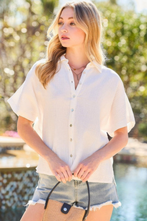 Oversized White Button-Down Shirt with Side Slits and Collar