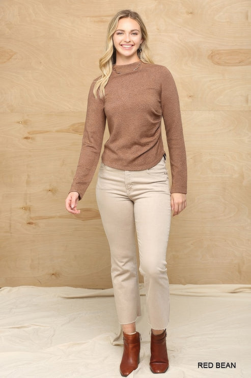 Soft Knit Mock Neck Long Sleeve Top with Side Ruched Detail