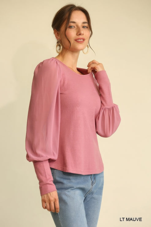 Soft Knit and Chiffon Mixed Top with Puff Long Sleeves