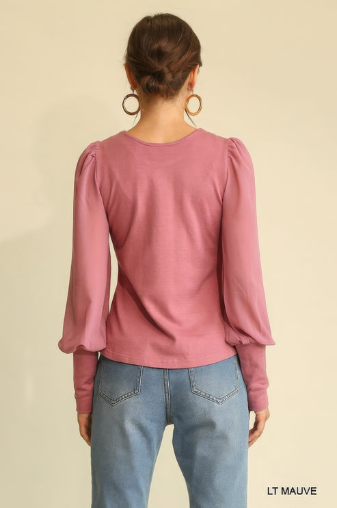 Soft Knit and Chiffon Mixed Top with Puff Long Sleeves