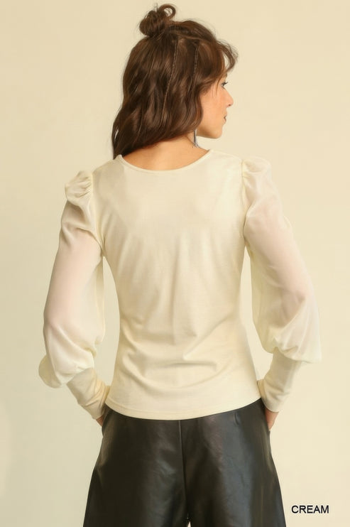 Soft Knit and Chiffon Mixed Top with Puff Long Sleeves