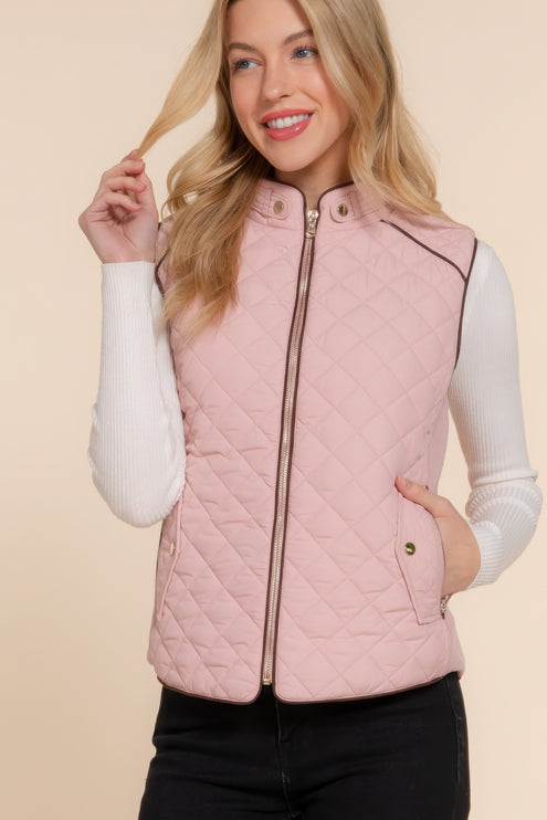 Stylish Suede Piping Quilted Top Vest