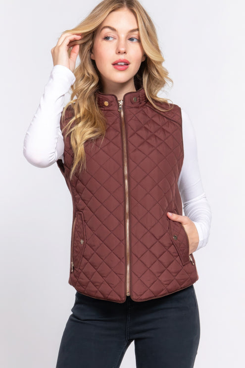 Stylish Suede Piping Quilted Top Vest