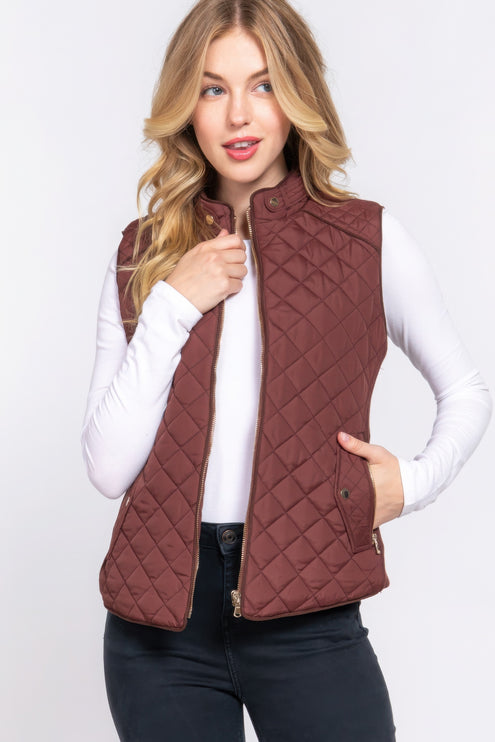 Stylish Suede Piping Quilted Top Vest