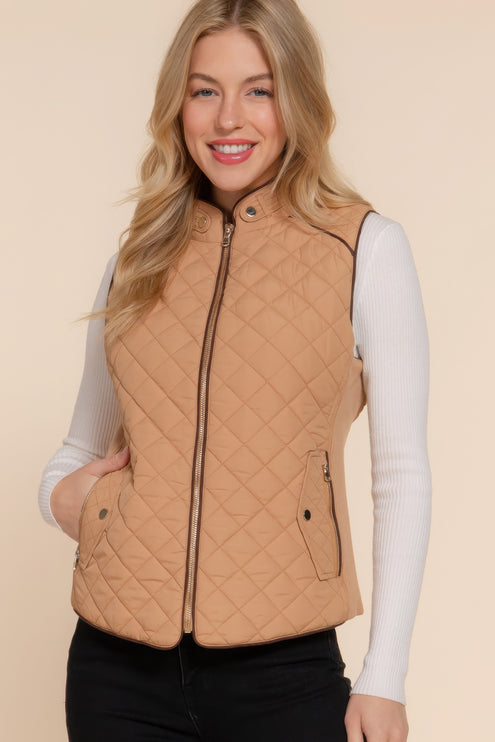 Stylish Suede Piping Quilted Top Vest