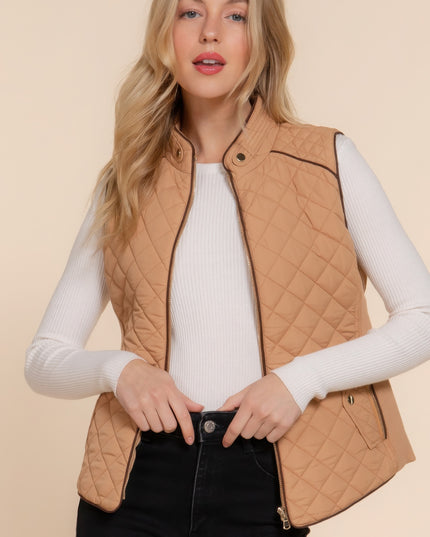 Stylish Suede Piping Quilted Top Vest