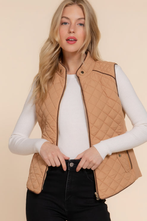 Stylish Suede Piping Quilted Top Vest