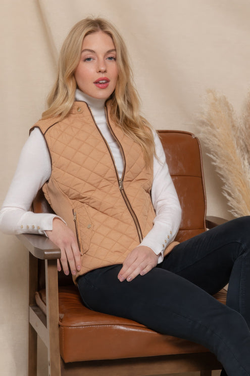 Stylish Suede Piping Quilted Top Vest