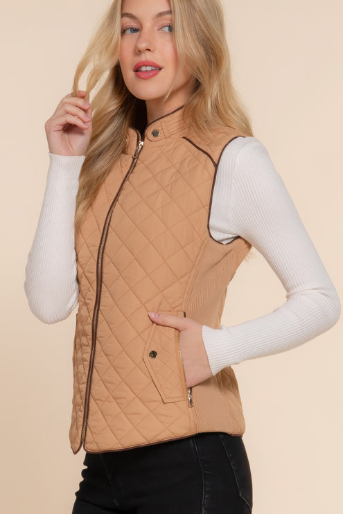 Stylish Suede Piping Quilted Top Vest