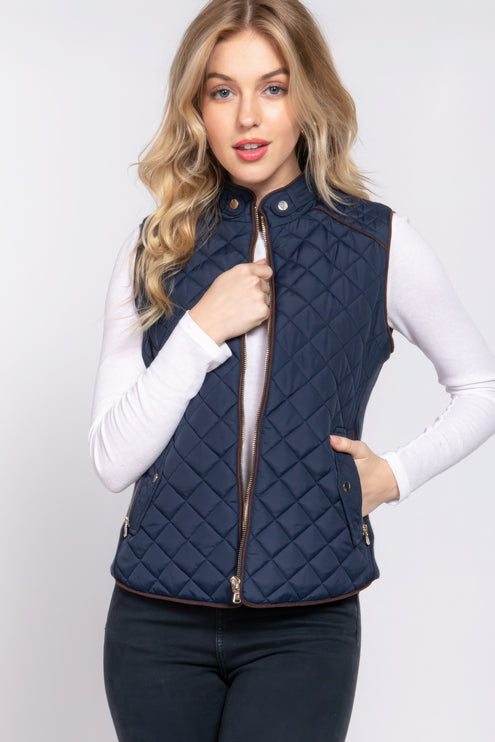 Stylish Suede Piping Quilted Top Vest