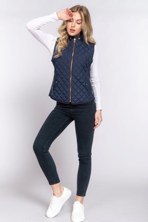 Stylish Suede Piping Quilted Top Vest